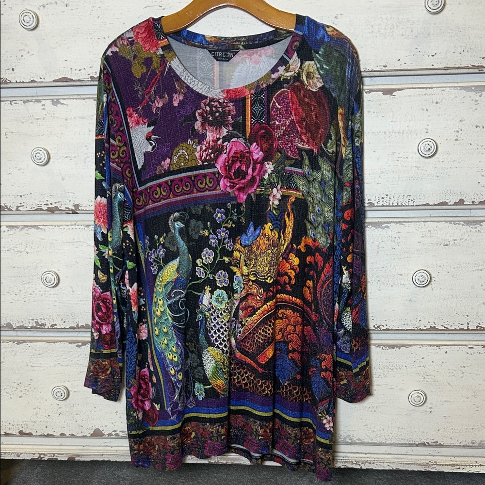 Citron Santa Monica Peacock Floral Art to Wear Boho Tunic